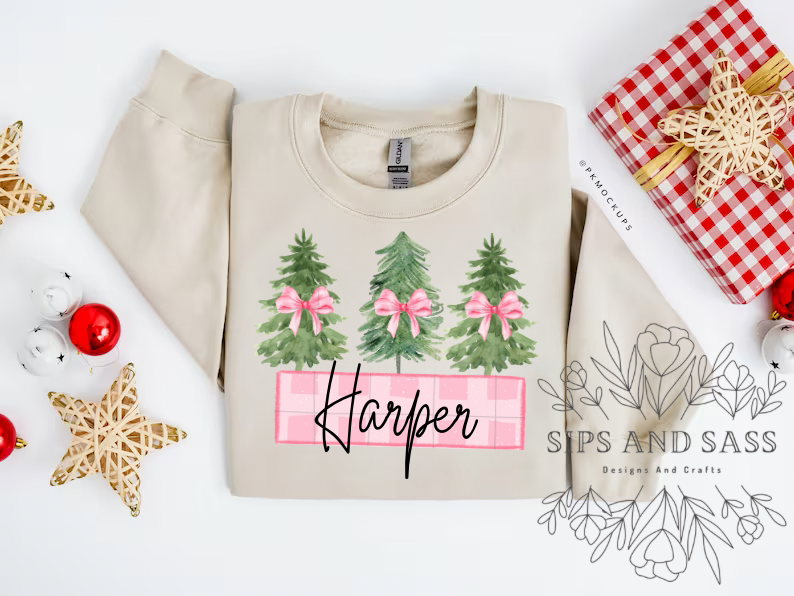Pink Bow Water color Christmas tree