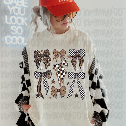 Leopard and checkered bows